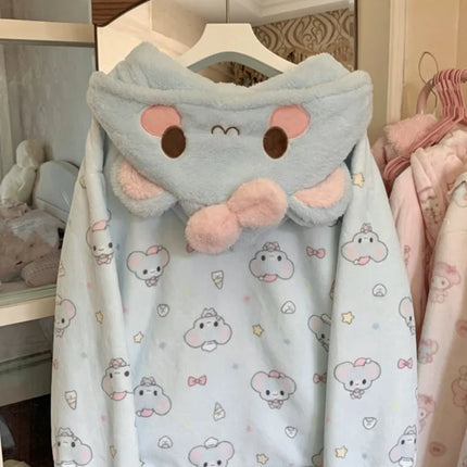 Autumn Winter Japanese Kawaii Harajuku Womens Coat Thicken Blue Sweet Cute Loose Hoodies Design Coral Fleece Korean Sweatshirts