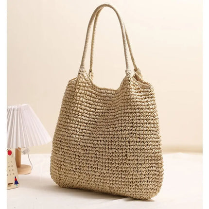 Fashionable Straw Tote Bag Large Capacity Woven Beach Bag Solid Color Casual Square Beach Bag