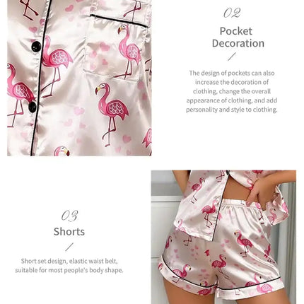 Pigiama da donna Pj Set Pigiama in raso con stampa a cuore Casual Manica corta Colletto con risvolto Top e pantaloni Indumenti da notte e pigiama per adulti platinumshop