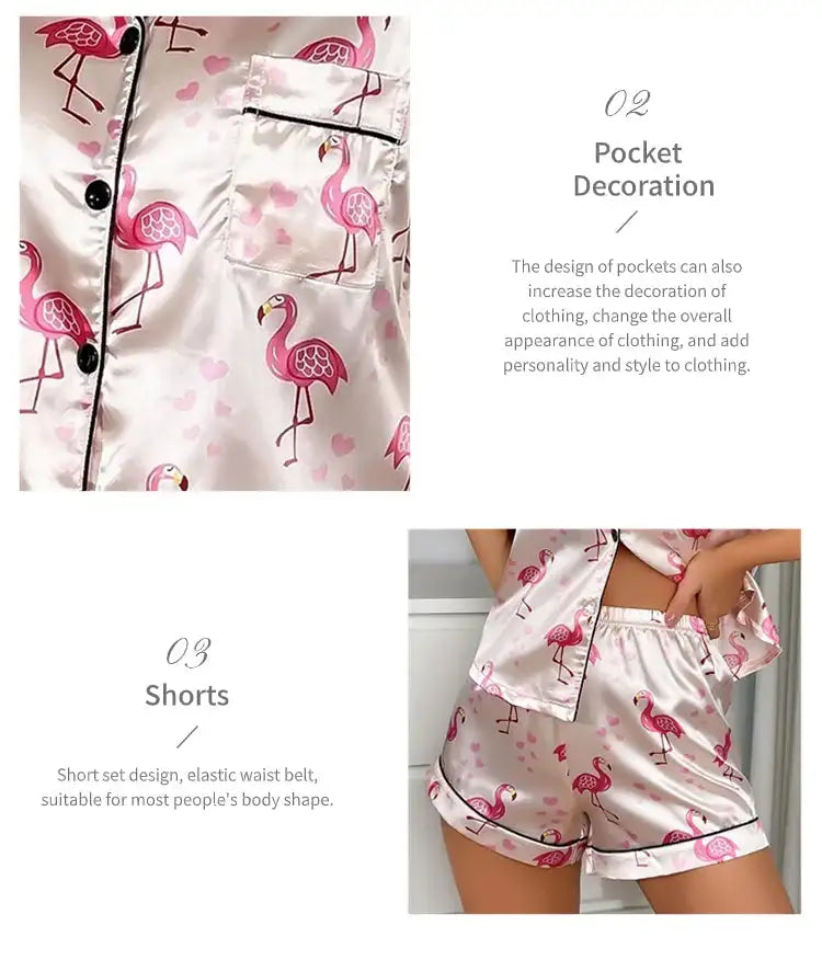 Pigiama da donna Pj Set Pigiama in raso con stampa a cuore Casual Manica corta Colletto con risvolto Top e pantaloni Indumenti da notte e pigiama per adulti platinumshop