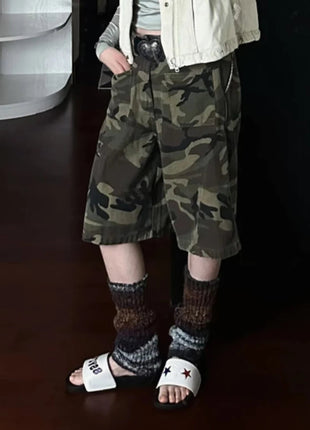 PBAP Camouflage Denim Bermuda Pants High Waist Pocket Patched Straight Cargo Jean Shorts Jorts Harajuku Vintage Women Streetwear PlatiNum