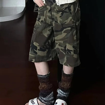 PBAP Camouflage Denim Bermuda Pants High Waist Pocket Patched Straight Cargo Jean Shorts Jorts Harajuku Vintage Women Streetwear PlatiNum