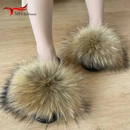 Real Raccoon Fur Slippers for Women 2023 Summer Fluffy Indoor Home Fuzzy Flat Slides Outdoor Fashion Beach Sandals Flip Flops