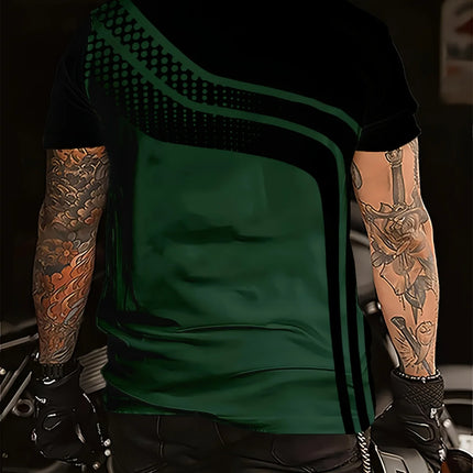 Men's Fashion Digital Print Short Sleeve T-Shirt in Black and Grey Stripes - Breathable Short Sleeve T-Shirt in Breathable Polyester