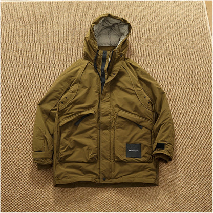 Piumino cargo imbottito in piuma d'anatra di media lunghezza retrò americano nuovo inverno con cappuccio Trench oversize spesso alla moda da uomo