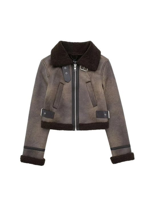 Women's Brown Autumn Jacket Coat Harajuku Streetwear Zippers Long Sleeve Suede Jacket Vintage Outerwear 2000s Emo Clothes 2025