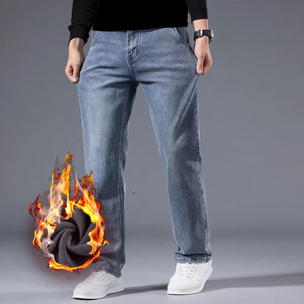 Business Casual Stretch Denim Pants Work Velvet Flocking Trousers High Quality Men's Winter Warm Fleece Lined Thicken Jeans
