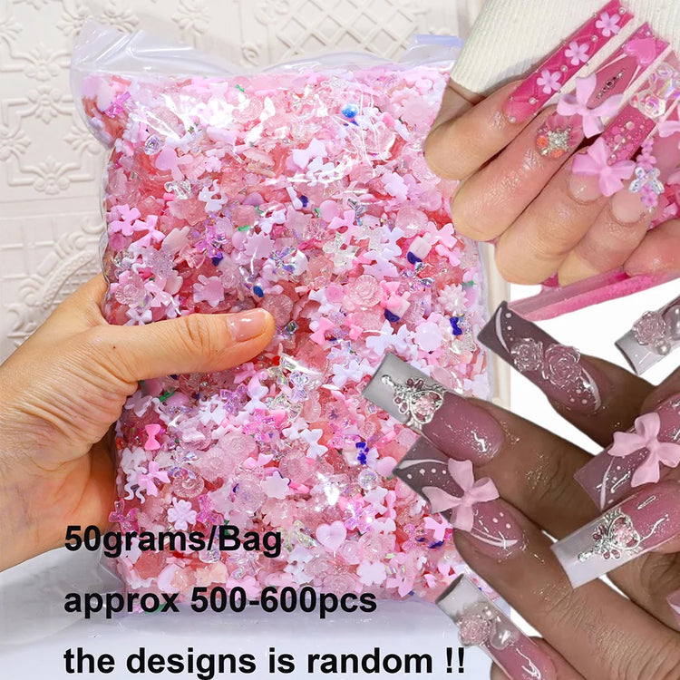 500-600pcs Mixed Aurora Pink Bow/Flower Nail Charms 50g Kwaii Resin Butterfly,Bowknot Y2K Nail Art Decorations DIY Manicure Part