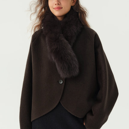DUSHU Short Wool Coat  Fox Fur Collar and Camel Hair Women Warm Single Breasted Elegant Temperament Winter Batwing Sleeve