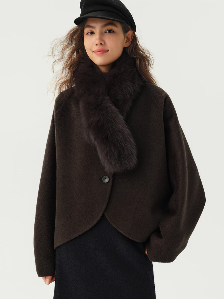 DUSHU Short Wool Coat  Fox Fur Collar and Camel Hair Women Warm Single Breasted Elegant Temperament Winter Batwing Sleeve