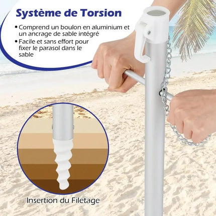 Ombrellone da Spiaggia Portatile 198cm con Protezione UV, Rivestimento Argentato, Perno Inclinabile, Ancoraggio per Sabbia, Palo in Alluminio, Pieghevole, Parasole da Giardino per Esterni