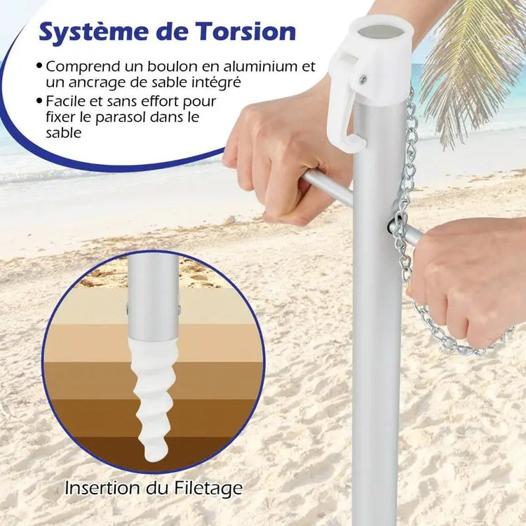 Ombrellone da Spiaggia Portatile 198cm con Protezione UV, Rivestimento Argentato, Perno Inclinabile, Ancoraggio per Sabbia, Palo in Alluminio, Pieghevole, Parasole da Giardino per Esterni