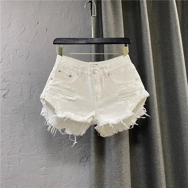 New 2026 Women's White Denim Summer Shorts, A-Line Ripped Wide Leg Style, Fashionable Streetwear Casual Hot Pants for Girls