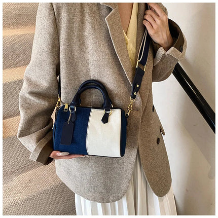 Patchwork Colorblock Mini Handbags For Women Denim Shoulder Cross Body Bags Casual Street Small Boston Bag 2025 Designer Purses PlatiNum