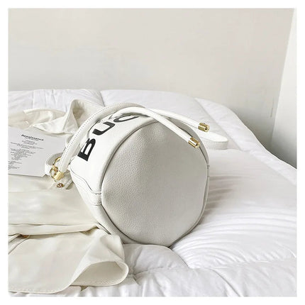 Spring New Fashion Letter PU Leather Bucket Bag Women Simple City Style Shoulder Handbag Trendy Crossbody Satchel Handbag PlatiNum