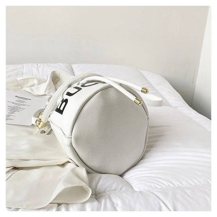 Spring New Fashion Letter PU Leather Bucket Bag Women Simple City Style Shoulder Handbag Trendy Crossbody Satchel Handbag PlatiNum