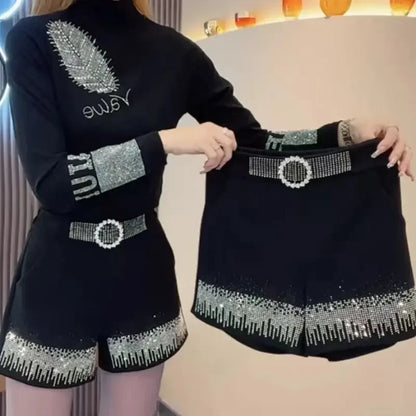 Women Korean Fashion Rhinestone Black High Waist Short Pants Autumn Winter Female Elegant Chic Pockets Slim Thick A-line Shorts