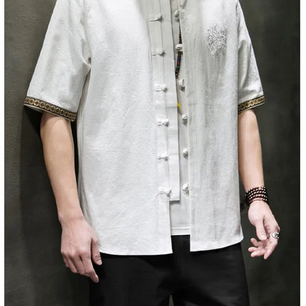 Camicie da Uomo Ricamate in Stile Cinese Retrò, Traspiranti in Lino, Comode, Casual Kung Fu, Abito Tang con Colletto Rialzato
