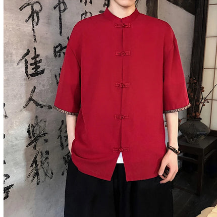Camicie retrò da uomo, estive, eleganti, larghe, casual, leggere, sottili, traspiranti, in stile cinese, vintage, con calligrafia tradizionale.