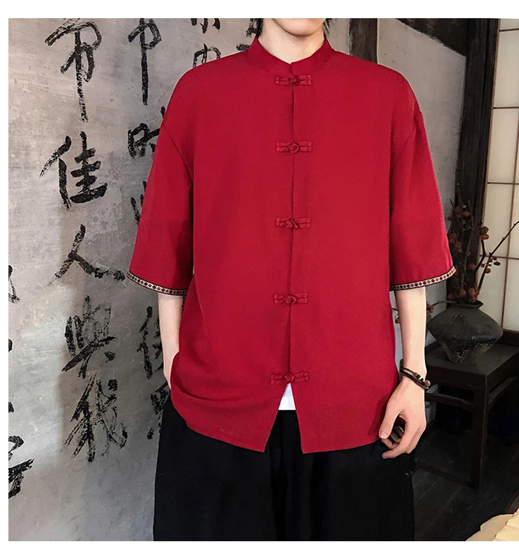 Camicie retrò da uomo, estive, eleganti, larghe, casual, leggere, sottili, traspiranti, in stile cinese, vintage, con calligrafia tradizionale.