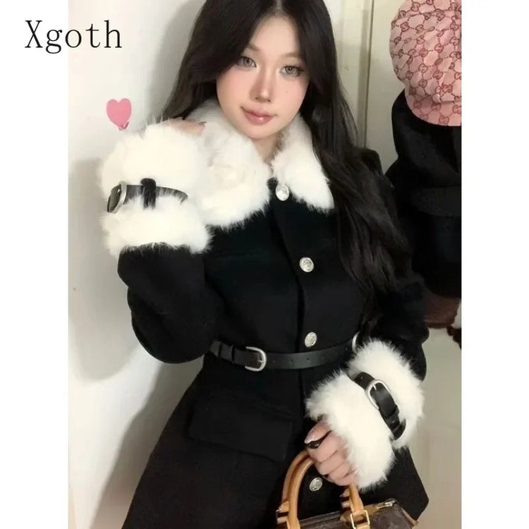 Women's Coats Advanced Sense Plush Spliced Turndown Collar Single Breasted Waist Retraction Skirt Style Woolen Coat Lady Clothes