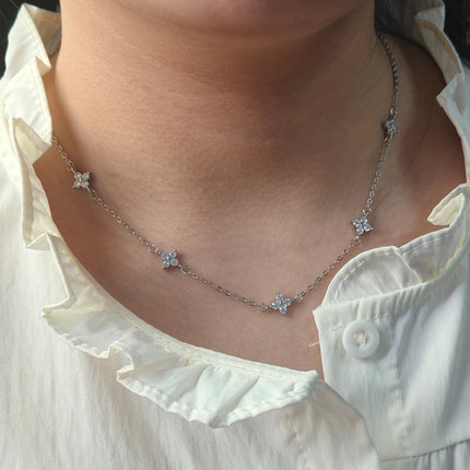 925 Silver Plated Four-leaf Flower Zircon Chain Necklace for Women Luxury Collar Charm Clover Necklaces 2025 Trend Jewelry PlatiNum