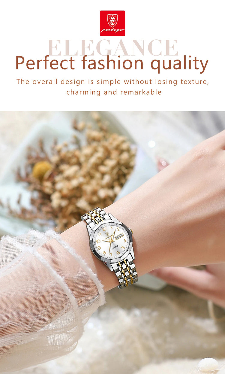 POEDAGAR elegante orologio da polso da donna al quarzo impermeabile luminoso data settimana orologio da donna orologi da donna casual in acciaio inossidabile reloj platinumshop
