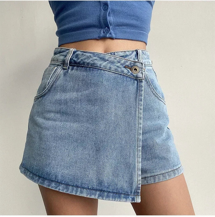 2025 Summer New Light-colored Slim Culottes High-waisted A-line Denim Shorts Casual Simple Non-elastic Women's Three-point Pants PlatiNum
