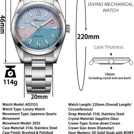 ADDIESDIVE Watch Men 2026 New 36mm Quartz Wristwatch AD2555 Sapphire 100m Waterproof BGW9 Luminous 316L Stainless Steel Watches