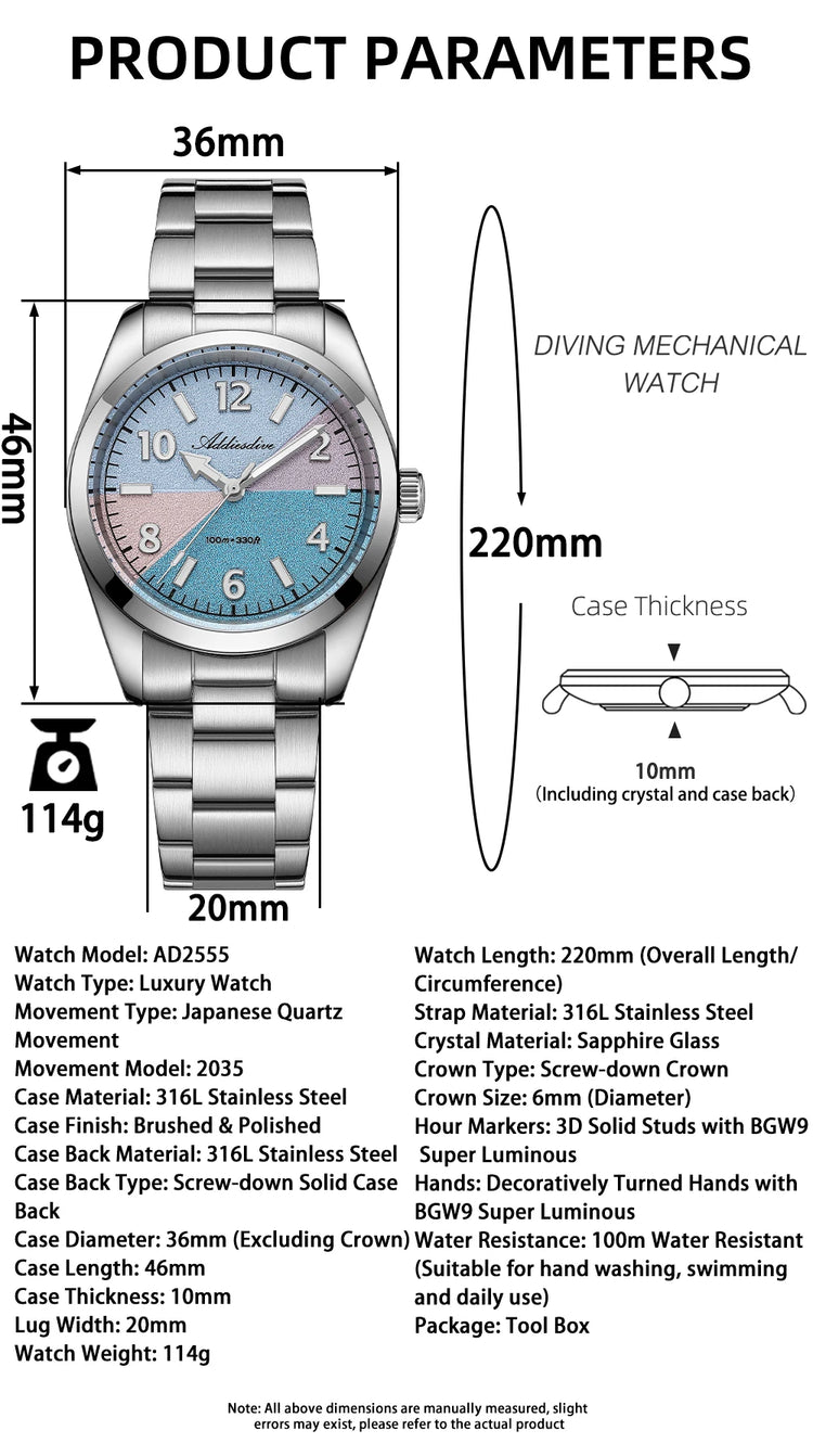 ADDIESDIVE Watch Men 2026 New 36mm Quartz Wristwatch AD2555 Sapphire 100m Waterproof BGW9 Luminous 316L Stainless Steel Watches