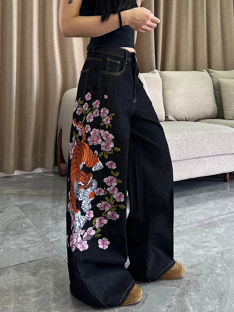 1 paio di jeans larghi vintage americani con ricamo di tigre e fiori, pantaloni neri a gamba larga s