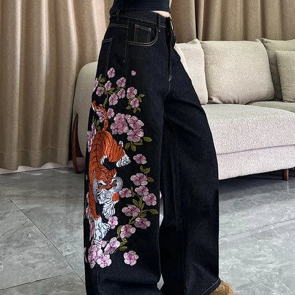 1 paio di jeans larghi vintage americani con ricamo di tigre e fiori, pantaloni neri a gamba larga stile street hip-hop da donna