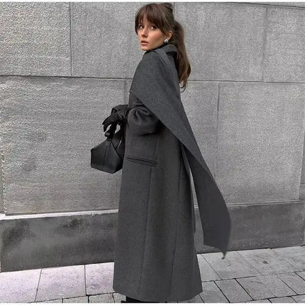 Elegant Big Scarf Collar Women's Coat Fashion Double Breasted Pockets Overcoats 2026 Autumn New High Street Oversize Outerwears