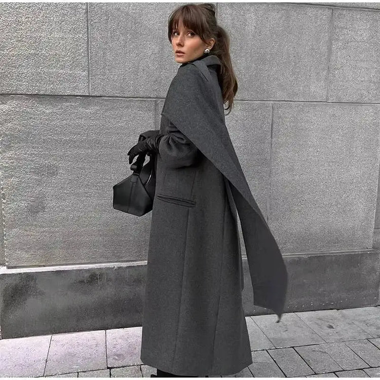 Elegant Big Scarf Collar Women's Coat Fashion Double Breasted Pockets Overcoats 2026 Autumn New High Street Oversize Outerwears
