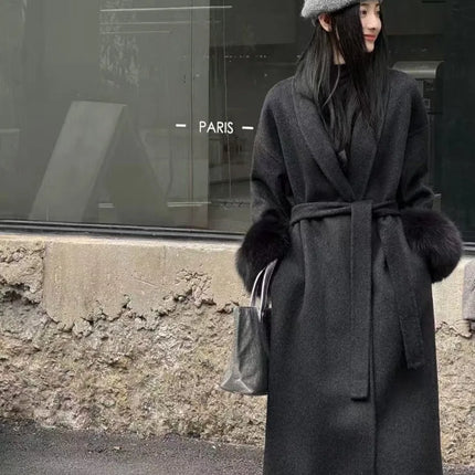 Lace Up Lapel Cashmere Wool Coat For Women's Winter Fashion Female Woolen Jackets Fur Long Sleeve Loose Overcoats