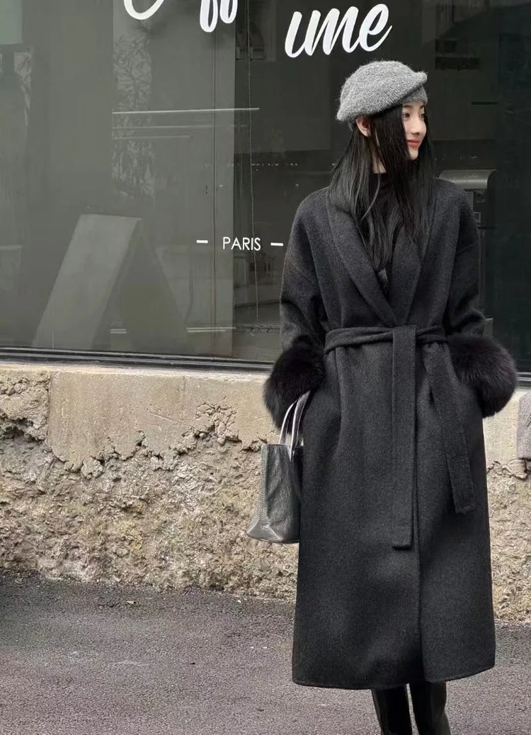 Lace Up Lapel Cashmere Wool Coat For Women's Winter Fashion Female Woolen Jackets Fur Long Sleeve Loose Overcoats