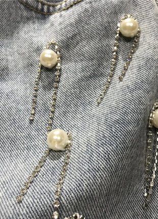 Pantaloncini di jeans bianchi blu irregolari strappati con nappe con strass a vita alta da donna estivi Pantaloncini di jeans coreani da donna