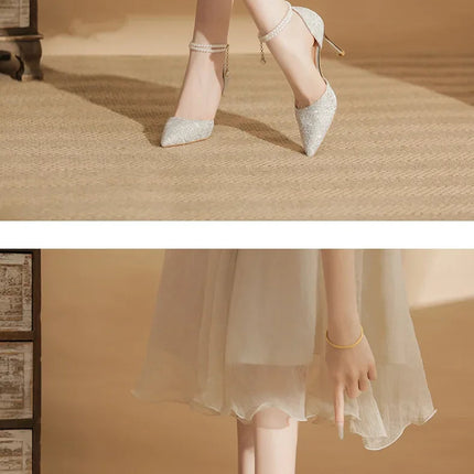 Size 31-43 Women High Heels Stiletto Heel Summer Lace Mesh Sweet Gold Silver Wedding Shoes PlatiNum