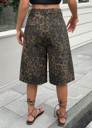 Pantaloncini Bermuda in Denim Vintage con Stampa Leopardata da Donna, a Vita Alta, Gamba Larga, Casual Estivi, Streetwear, Moda Quotidiana