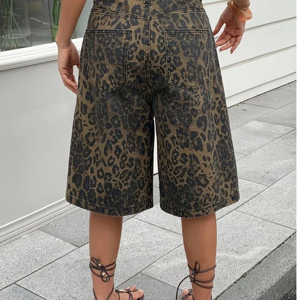 Pantaloncini Bermuda in Denim Vintage con Stampa Leopardata da Donna, a Vita Alta, Gamba Larga, Casual Estivi, Streetwear, Moda Quotidiana