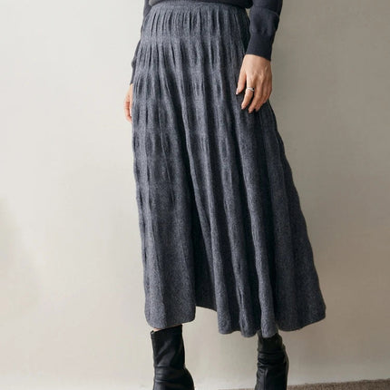 Women Cashmere Skirt A-Line Jacquard Elastic Waist Flared Skirt Autumn Winter 100% Cashmere Knitted Office Lady Curled Hem Dress PlatiNum