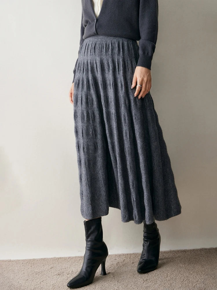 Women Cashmere Skirt A-Line Jacquard Elastic Waist Flared Skirt Autumn Winter 100% Cashmere Knitted Office Lady Curled Hem Dress PlatiNum