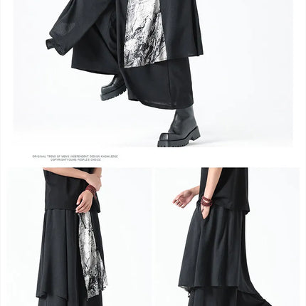Pantaloni Stile Coreano di Tendenza, Design Casual da Uomo, Moda Streetwear, Pantaloni Maschili Oversize a Gamba Larga con Effetto Due Pezzi