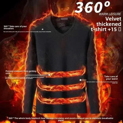 Men's Fleece Lined Thickened Long Sleeve T-Shirt round Neck Base Shirt Autumn Clothes Winter Thermal Wear Breathable Casual Top PlatiNum