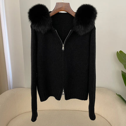 OFTBUY Real Fox Fur Kintwear Women New Spring Autumn Hooded Sweater Female Loose Zipper Kintted Jacket Oversized Cardigan