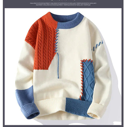 Autumn Winter Warm Mens Knitted Sweaters Fashion Patchwork O Neck Knit Pullovers Korean Streetwear Pullover Casual Mens Clothing
