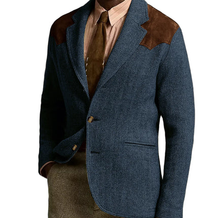 Herringbone Tweed Men's Blazer Jacket Wool Blend Suede Patch Shoulder Men's Sport Coat Business Casual Slim Fit For Oktoberfest