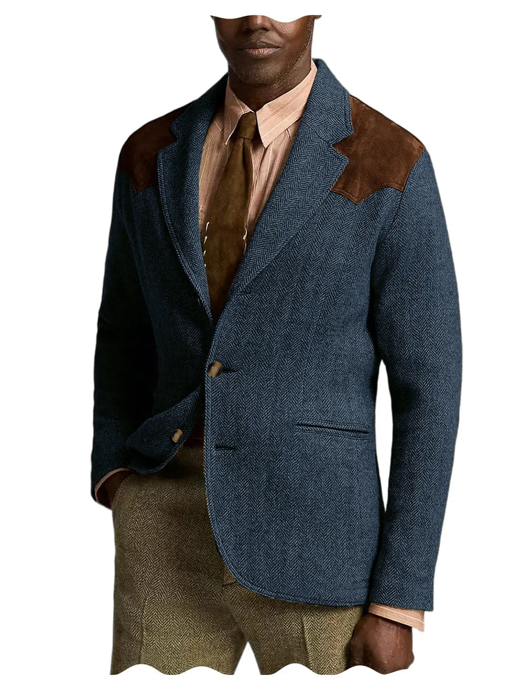 Herringbone Tweed Men's Blazer Jacket Wool Blend Suede Patch Shoulder Men's Sport Coat Business Casual Slim Fit For Oktoberfest