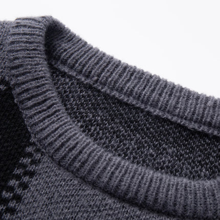 Retro Trendy Plaid Jacquard Pattern Pullover Sweater Casual Round Neck Color-Block Knit Men's Pullover