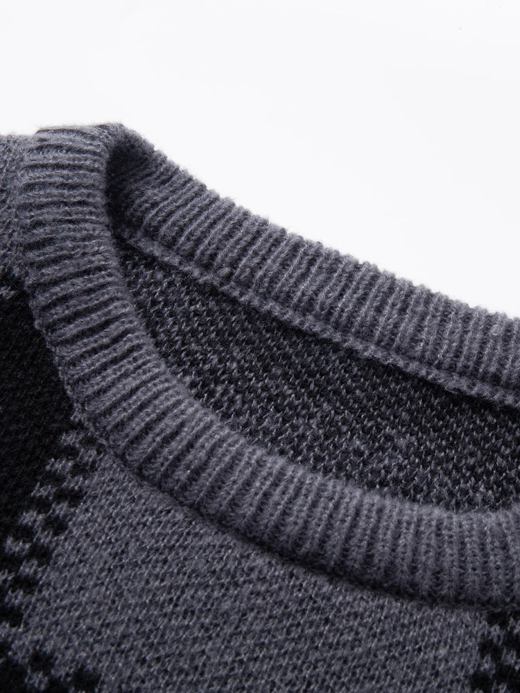 Retro Trendy Plaid Jacquard Pattern Pullover Sweater Casual Round Neck Color-Block Knit Men's Pullover